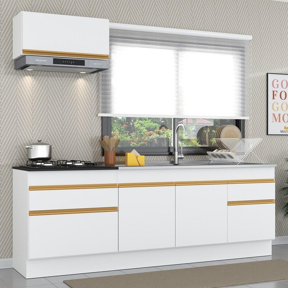 Armário de Cozinha Compacta 220cm com Rodapé Veneza Multimóveis V2109 Branco/Dourado