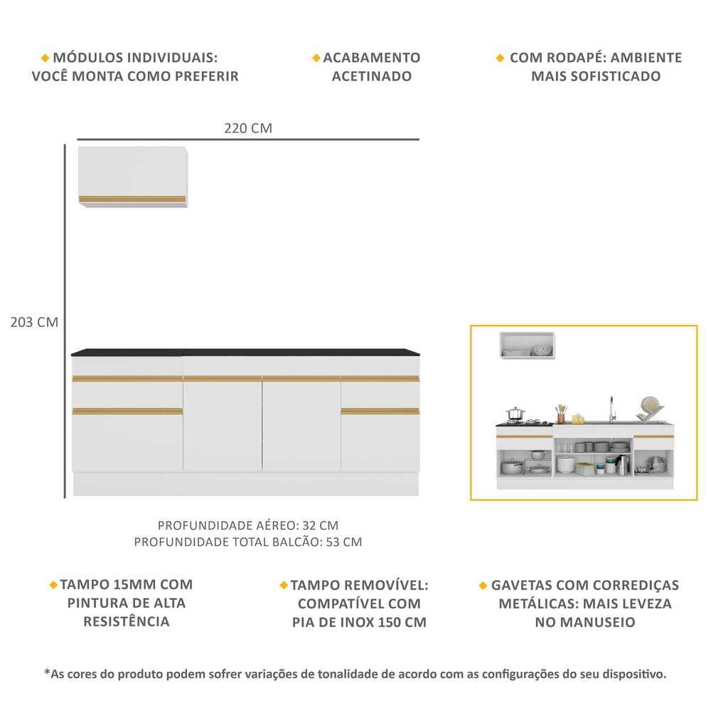 Armário de Cozinha Compacta 220cm com Rodapé Veneza Multimóveis V2109 Branco/Dourado