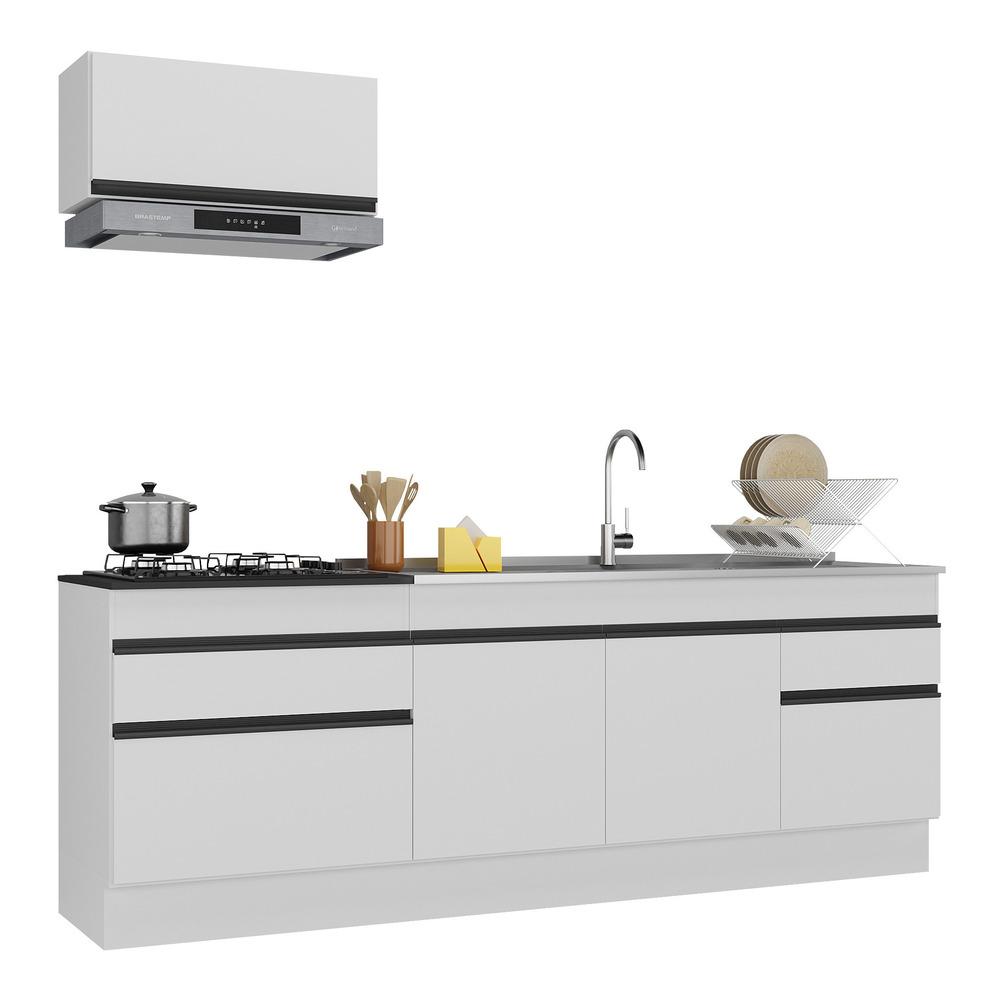 Armário de Cozinha Compacta 220cm com Rodapé Veneza Multimóveis V2109 Branco/Preto