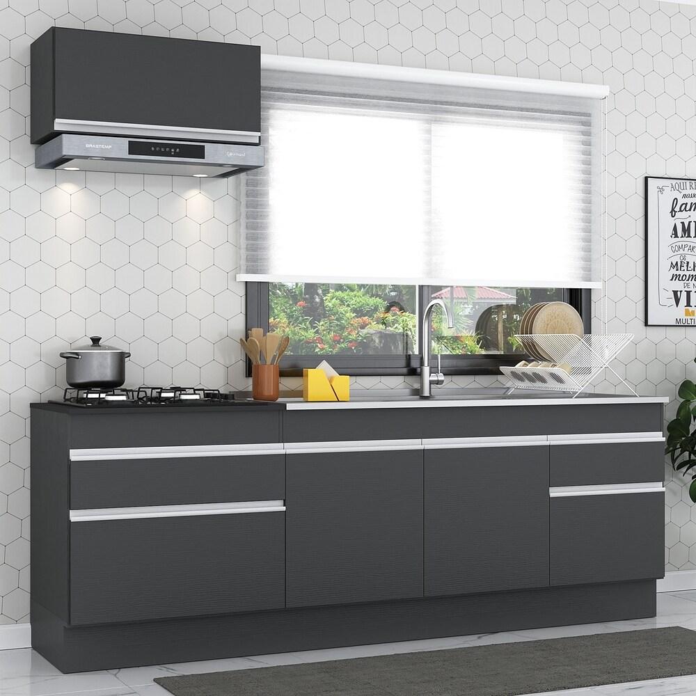 Armário de Cozinha Compacta 220cm com Rodapé Veneza Multimóveis V2109 Preto/Branco