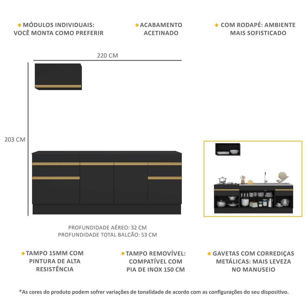 Armário de Cozinha Compacta 220cm com Rodapé Veneza Multimóveis V2109 Preto/Dourado