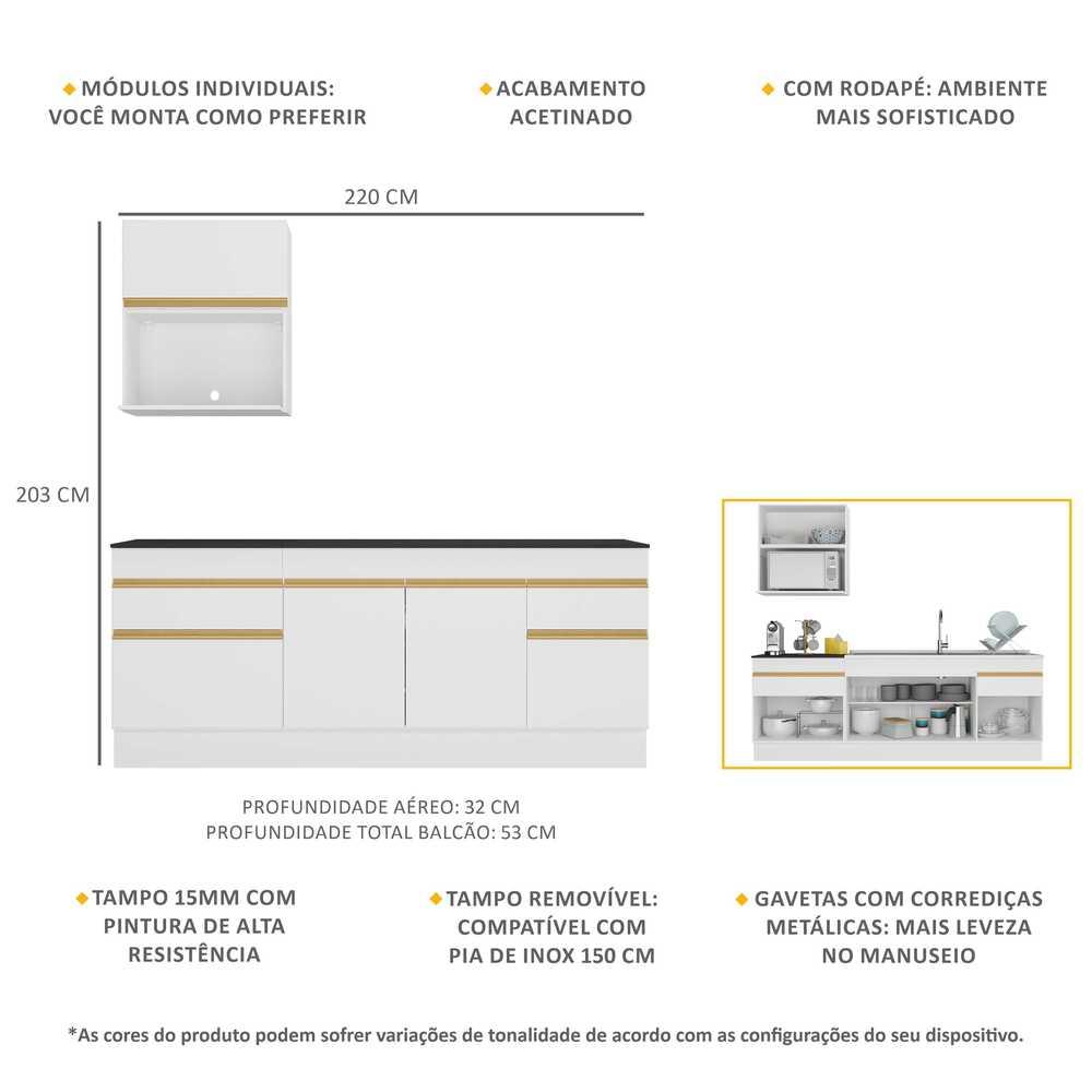 Armário de Cozinha Compacta 220cm com Rodapé Veneza Multimóveis V2110 Branco/Dourado
