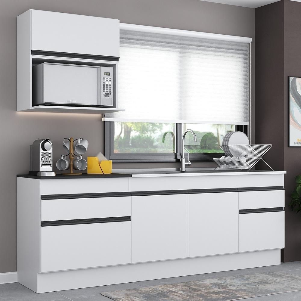 Armário de Cozinha Compacta 220cm com Rodapé Veneza Multimóveis V2110 Branco/Preto