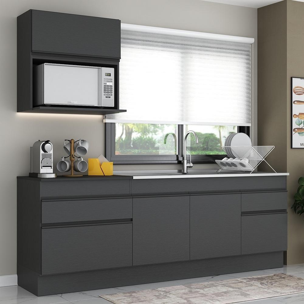 Armário de Cozinha Compacta 220cm com Rodapé Veneza Multimóveis V2110 Preto