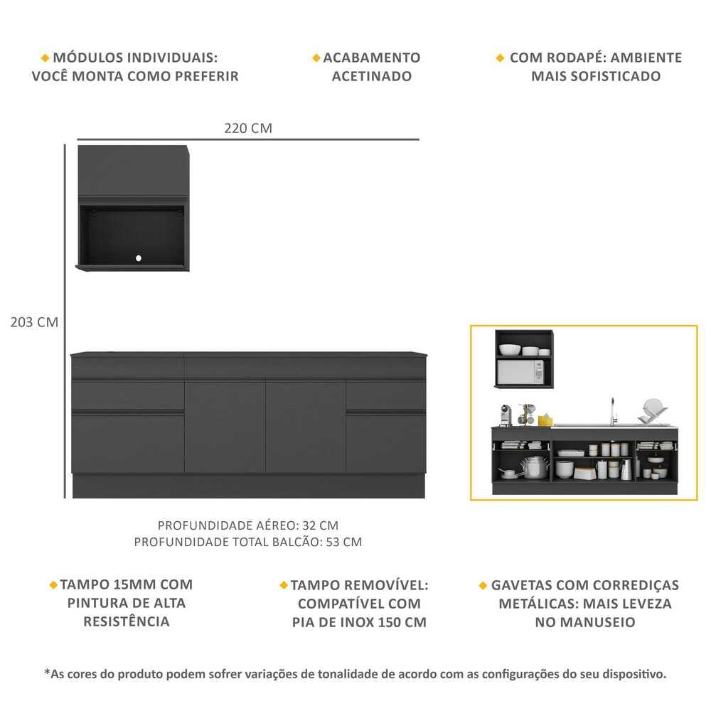 Armário de Cozinha Compacta 220cm com Rodapé Veneza Multimóveis V2110 Preto