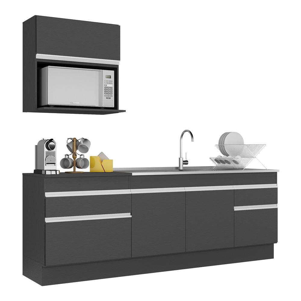 Armário de Cozinha Compacta 220cm com Rodapé Veneza Multimóveis V2110 Preto/Branco