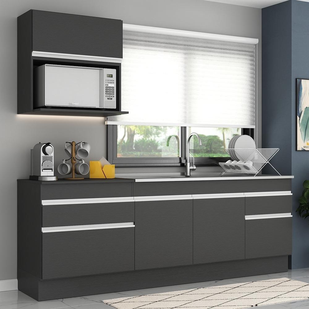 Armário de Cozinha Compacta 220cm com Rodapé Veneza Multimóveis V2110 Preto/Branco