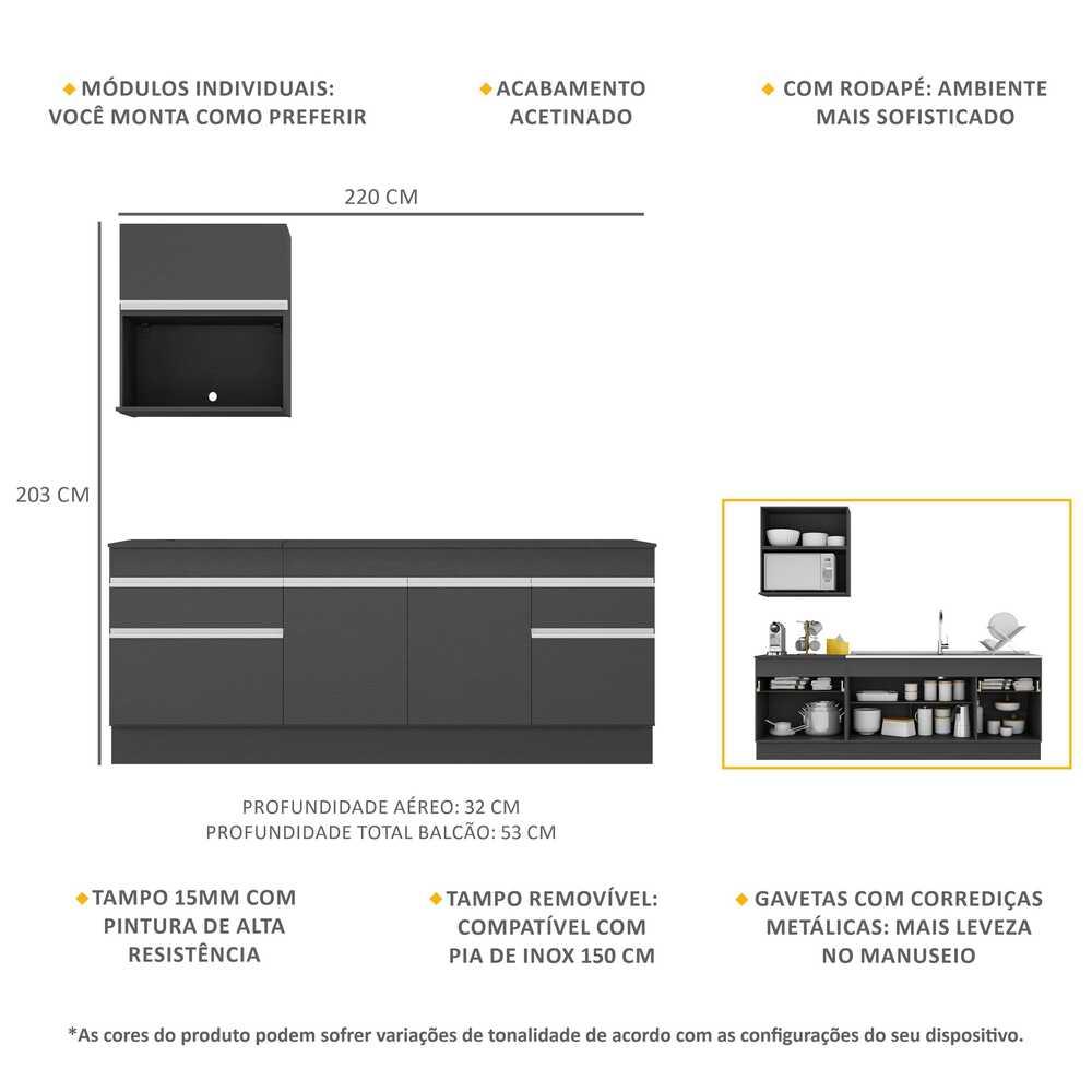 Armário de Cozinha Compacta 220cm com Rodapé Veneza Multimóveis V2110 Preto/Branco