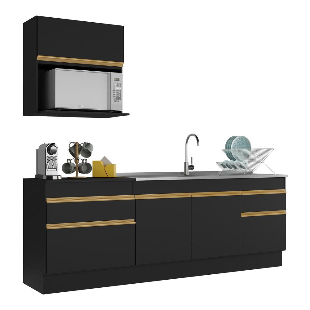 Armário de Cozinha Compacta 220cm com Rodapé Veneza Multimóveis V2110 Preto/Dourado