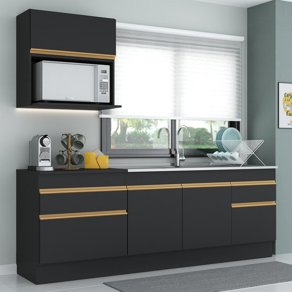 Armário de Cozinha Compacta 220cm com Rodapé Veneza Multimóveis V2110 Preto/Dourado