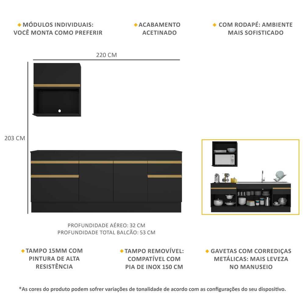 Armário de Cozinha Compacta 220cm com Rodapé Veneza Multimóveis V2110 Preto/Dourado