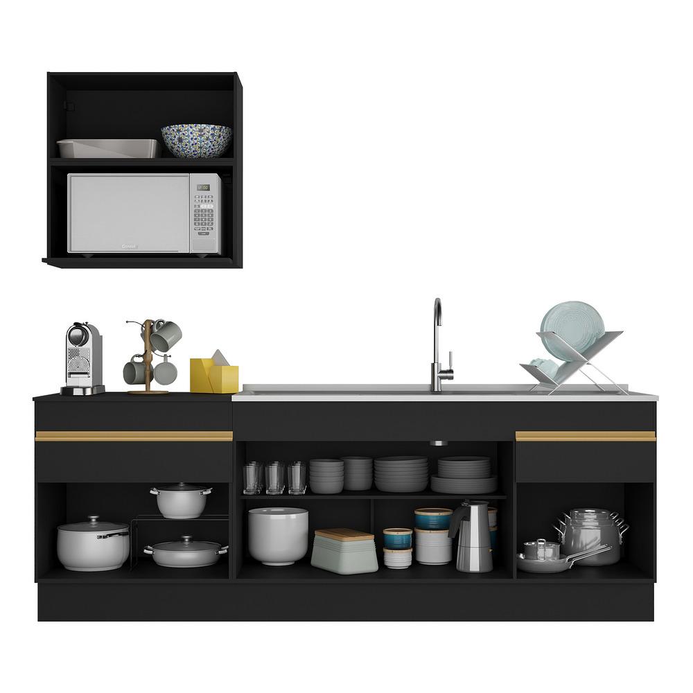 Armário de Cozinha Compacta 220cm com Rodapé Veneza Multimóveis V2110 Preto/Dourado