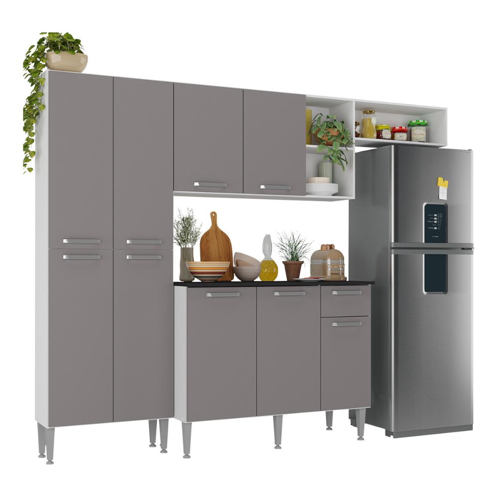 Armário de Cozinha Compacta 228cm com Balcão Multimóveis MP2933 Branco/Lacca Fumê