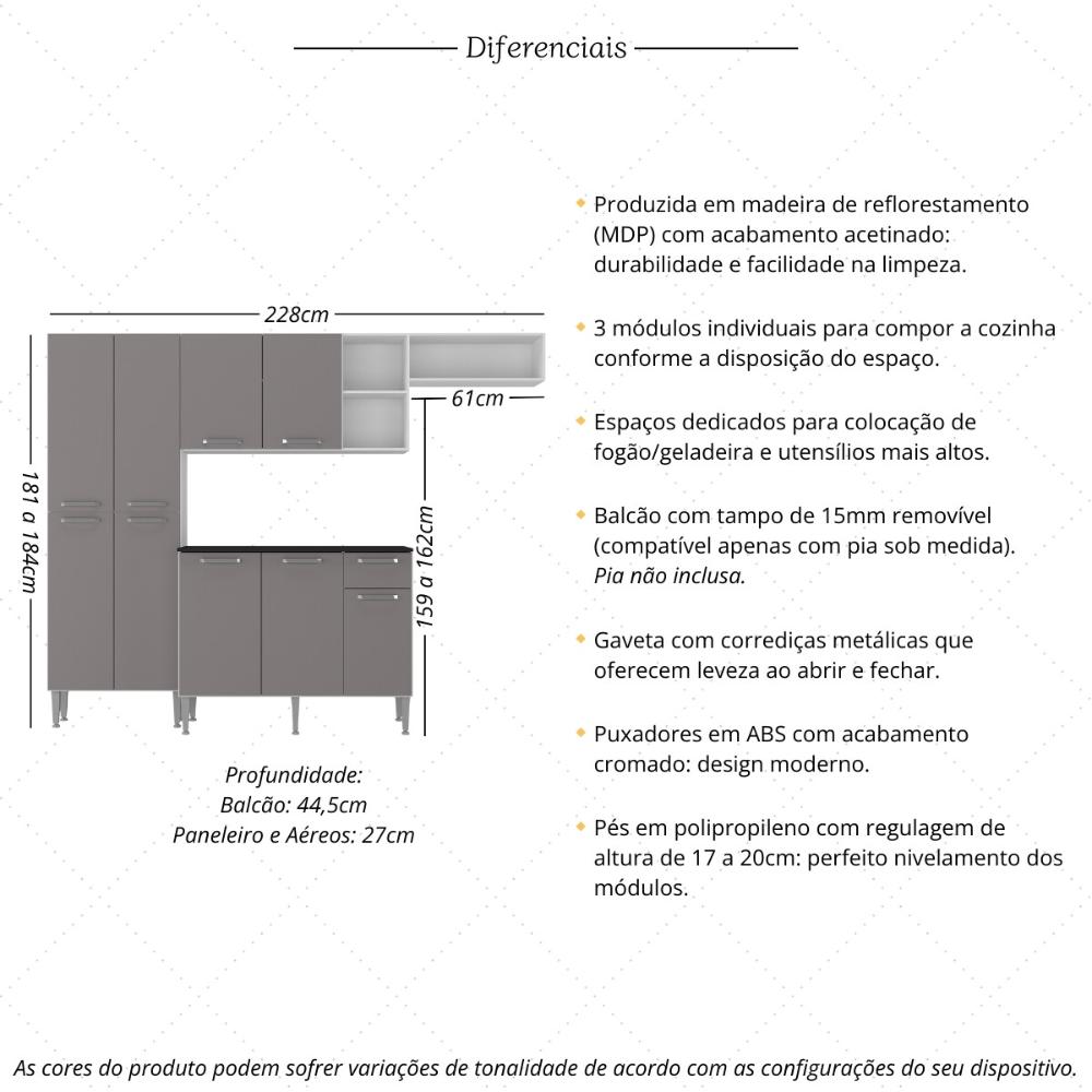Armário de Cozinha Compacta 228cm com Balcão Multimóveis MP2933 Branco/Lacca Fumê