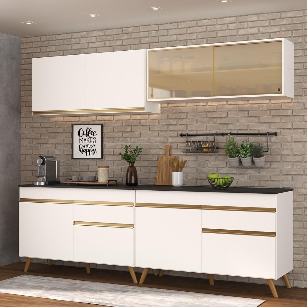 Armário de Cozinha Compacta 240cm Veneza Multimóveis V3696 Branco/Dourado