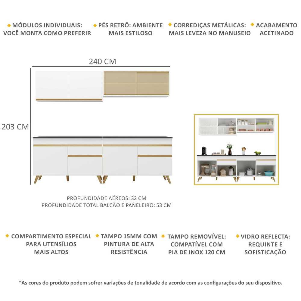 Armário de Cozinha Compacta 240cm Veneza Multimóveis V3696 Branco/Dourado