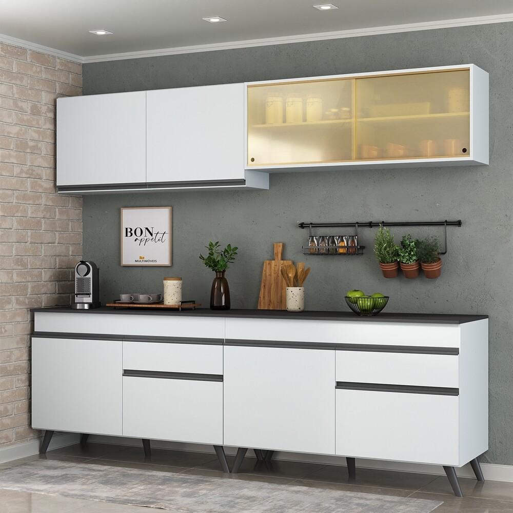 Armário de Cozinha Compacta 240cm Veneza Multimóveis V3696 Branco/Preto