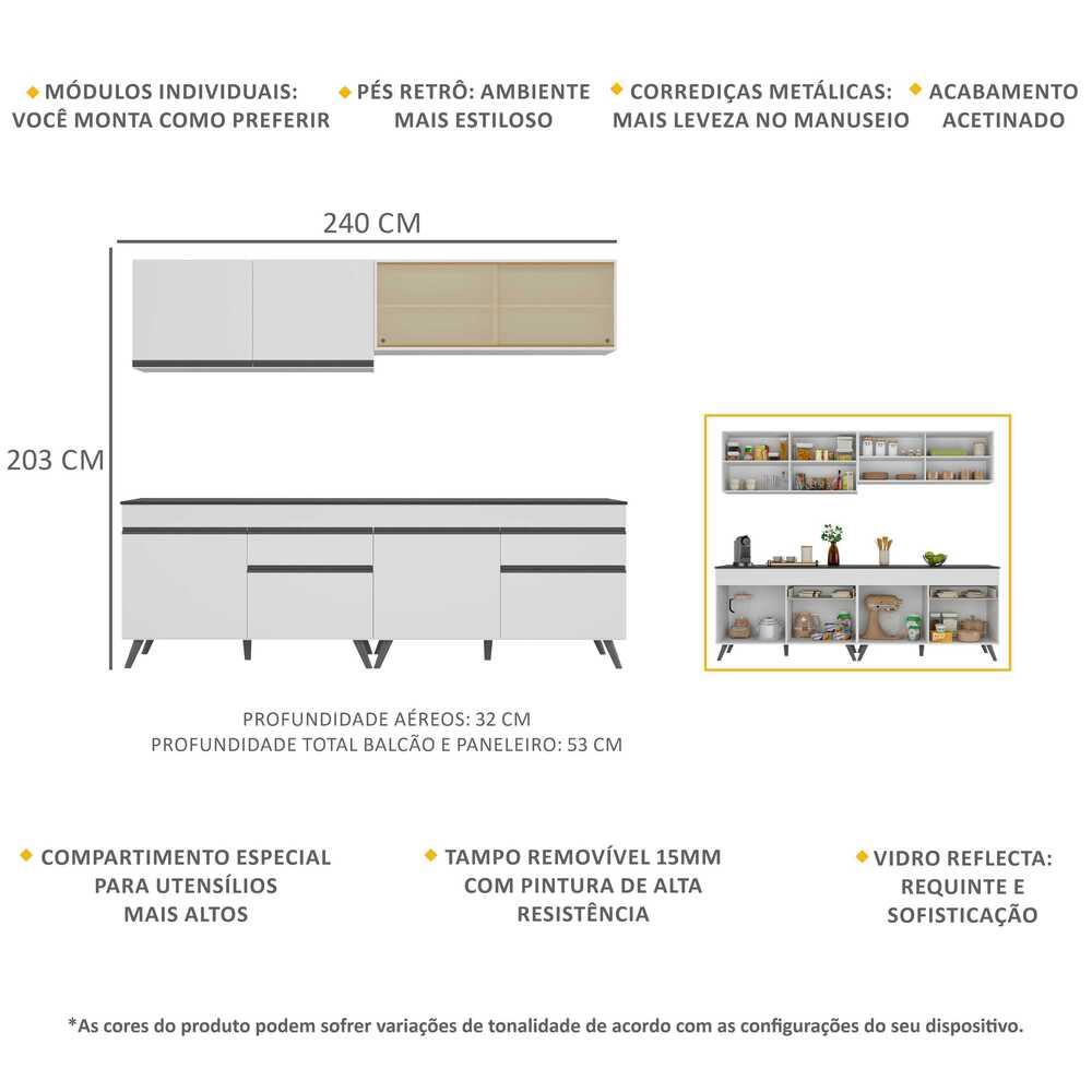 Armário de Cozinha Compacta 240cm Veneza Multimóveis V3696 Branco/Preto