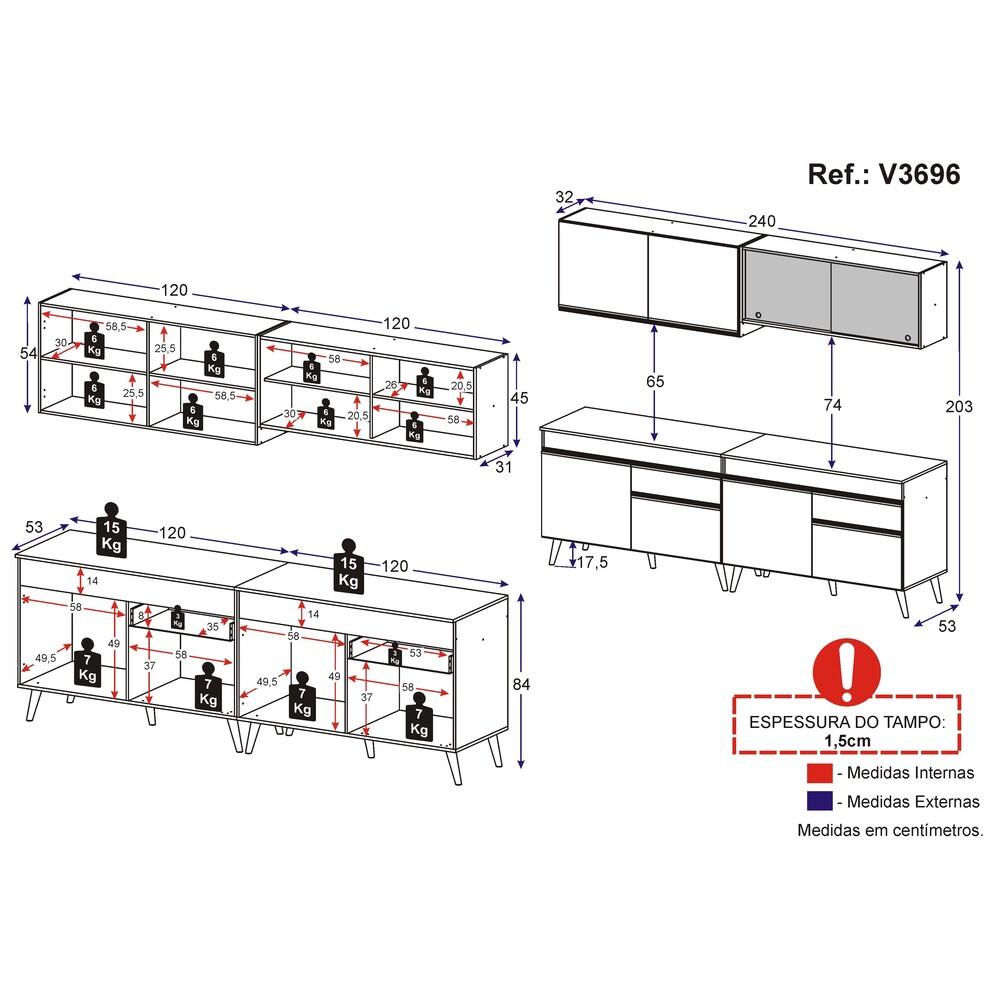 Armário de Cozinha Compacta 240cm Veneza Multimóveis V3696 Preto