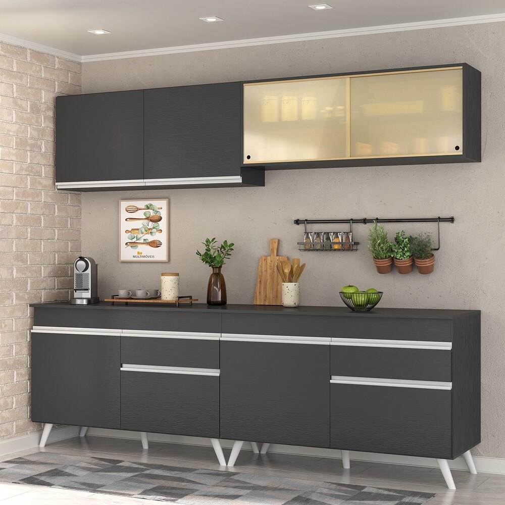 Armário de Cozinha Compacta 240cm Veneza Multimóveis V3696 Preto/Branco