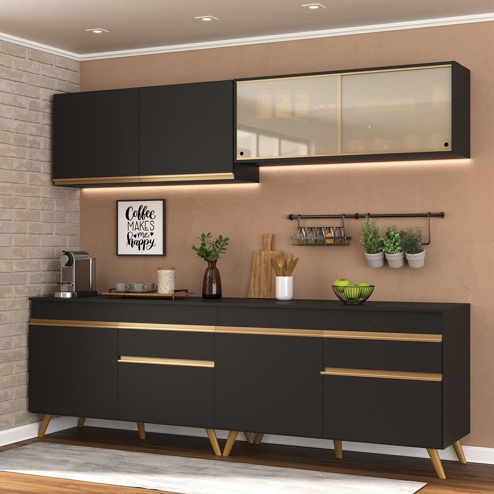 Armário de Cozinha Compacta 240cm Veneza Multimóveis V3696 Preto/Dourado
