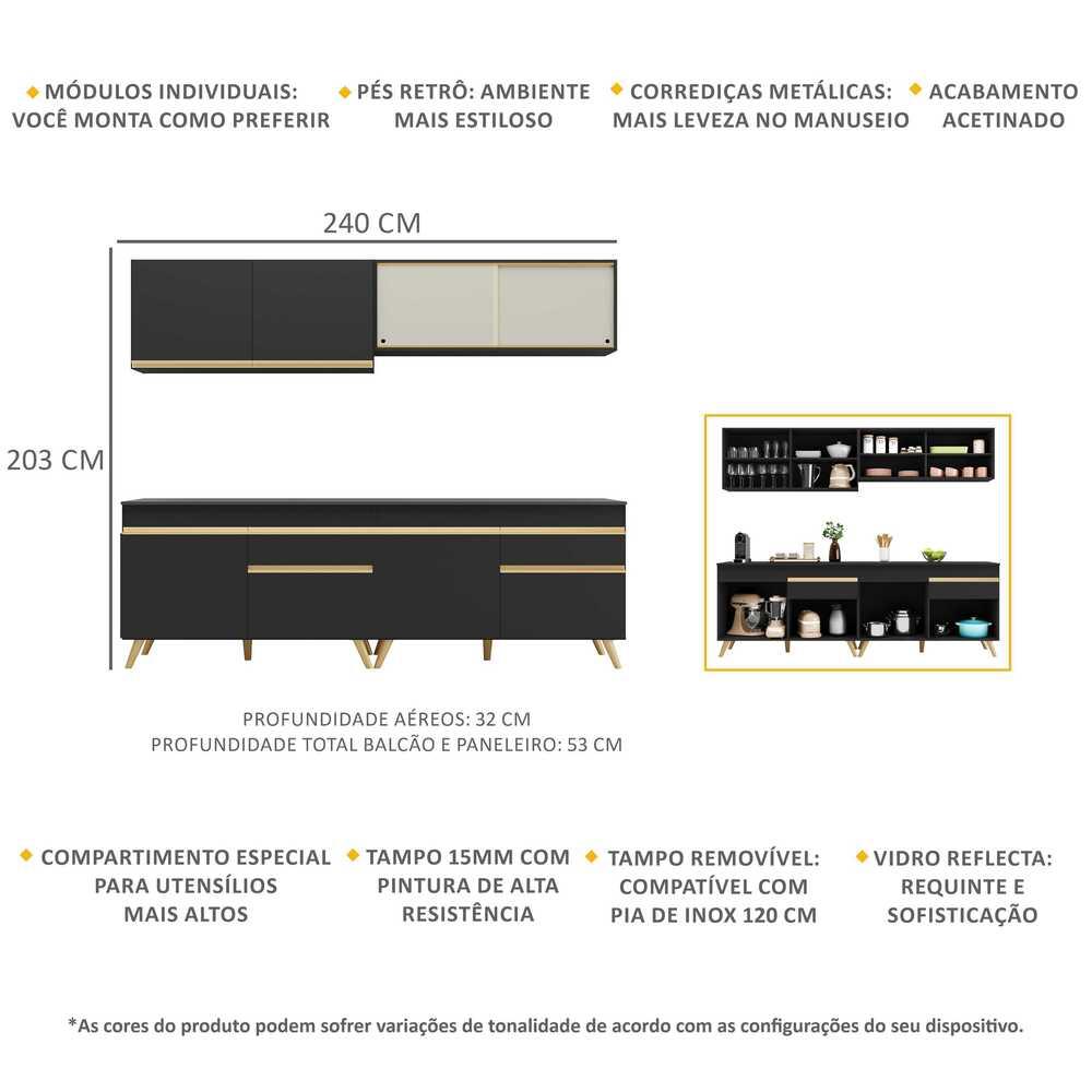 Armário de Cozinha Compacta 240cm Veneza Multimóveis V3696 Preto/Dourado