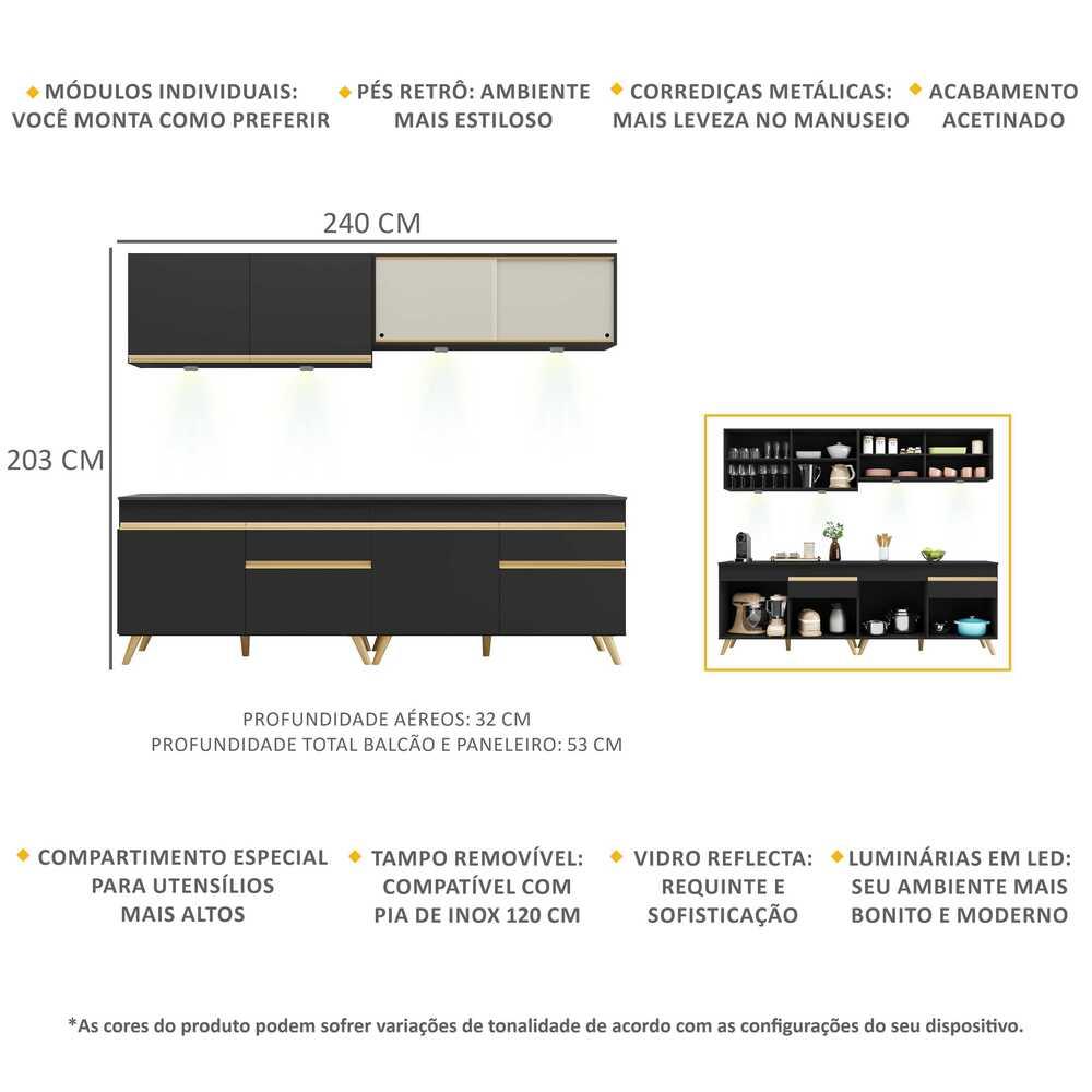 Armário de Cozinha Compacta 240cm com Leds Veneza Up Multimóveis V2021 Preto/Dourado