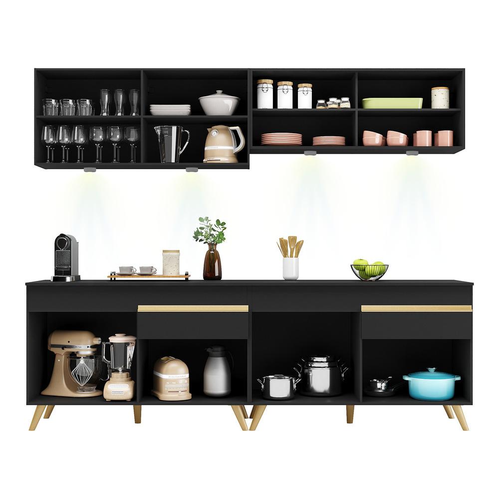 Armário de Cozinha Compacta 240cm com Leds Veneza Up Multimóveis V2021 Preto/Dourado