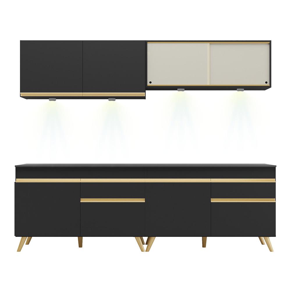 Armário de Cozinha Compacta 240cm com Leds Veneza Up Multimóveis V2021 Preto/Dourado