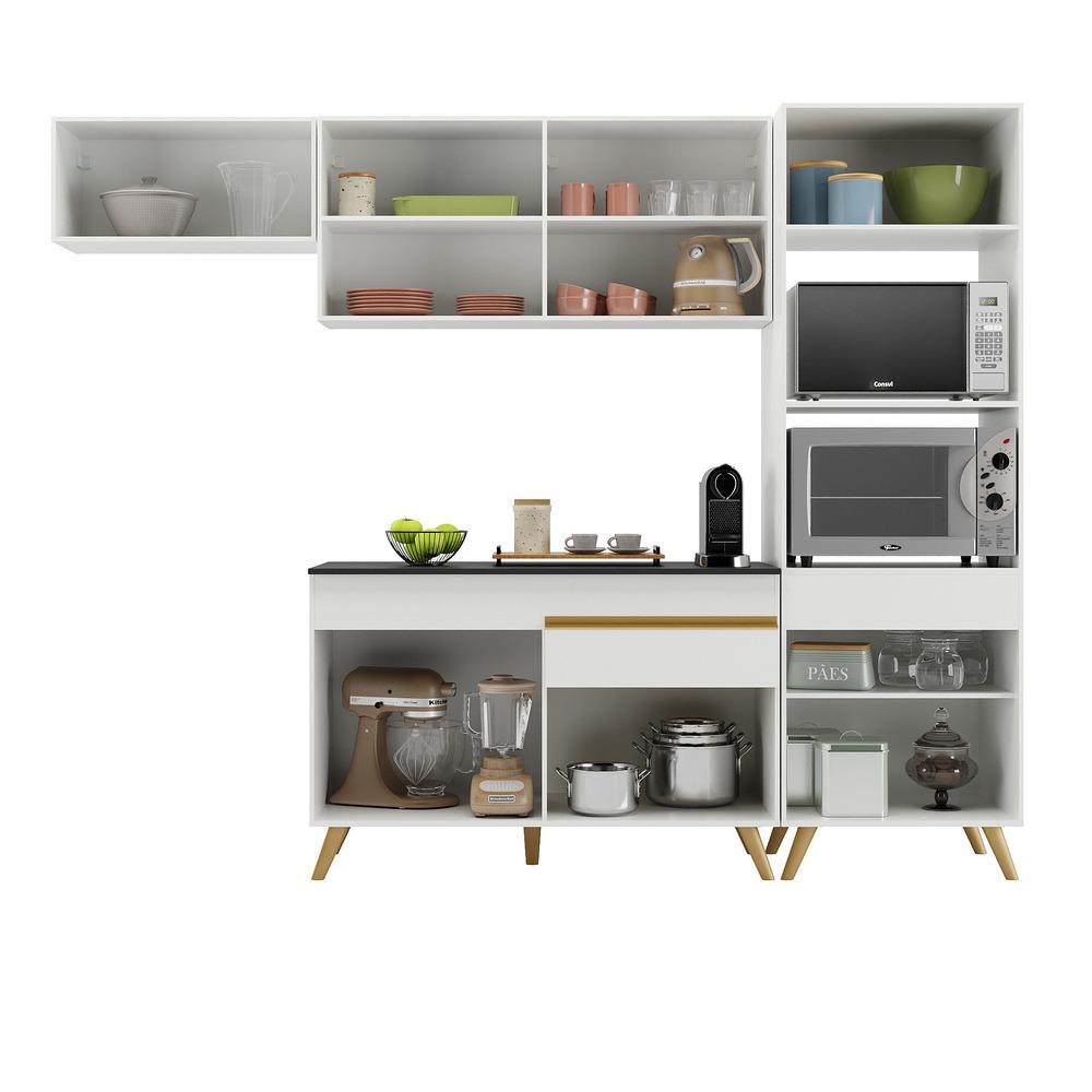 Armário de Cozinha Compacta 252cm Veneza Multimóveis V3690 Branco/Dourado
