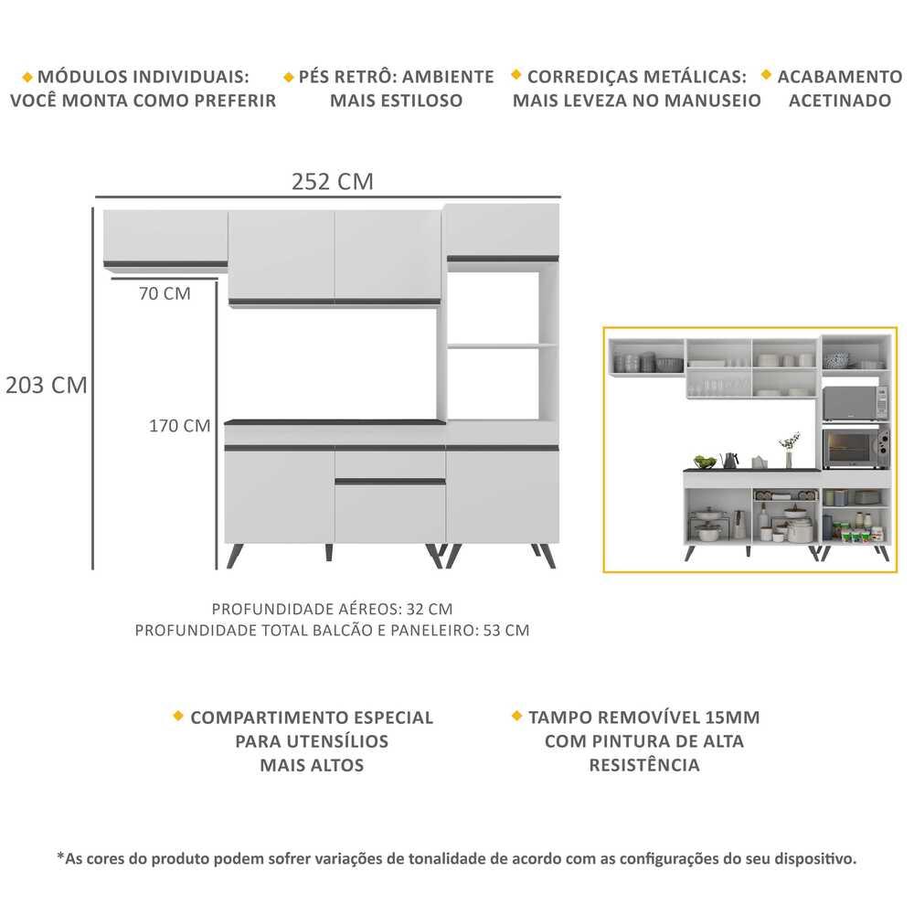 Armário de Cozinha Compacta 252cm Veneza Multimóveis V3690 Branco/Preto