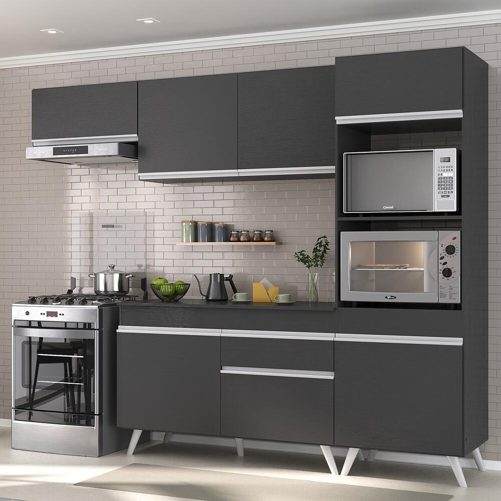 Armário de Cozinha Compacta 252cm Veneza Multimóveis V3690 Preto/Branco