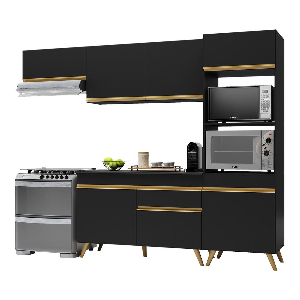 Armário de Cozinha Compacta 252cm Veneza Multimóveis V3690 Preto/Dourado