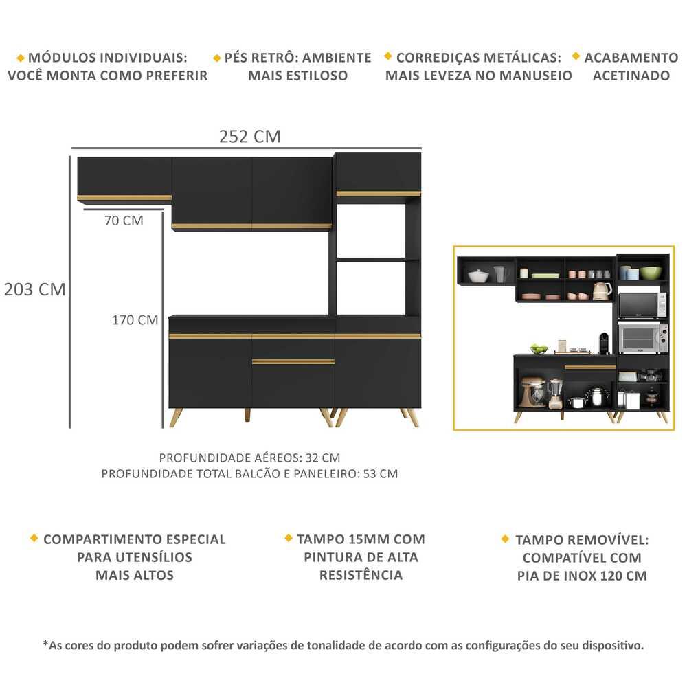 Armário de Cozinha Compacta 252cm Veneza Multimóveis V3690 Preto/Dourado