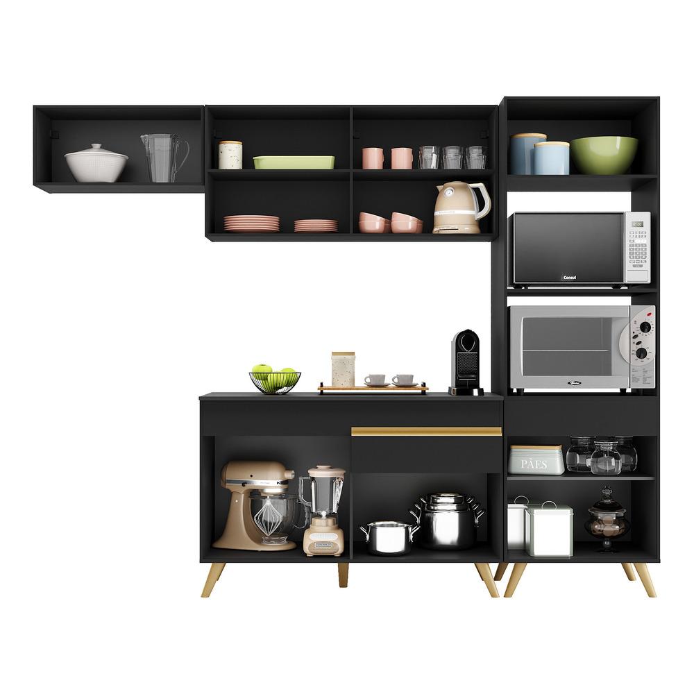 Armário de Cozinha Compacta 252cm Veneza Multimóveis V3690 Preto/Dourado