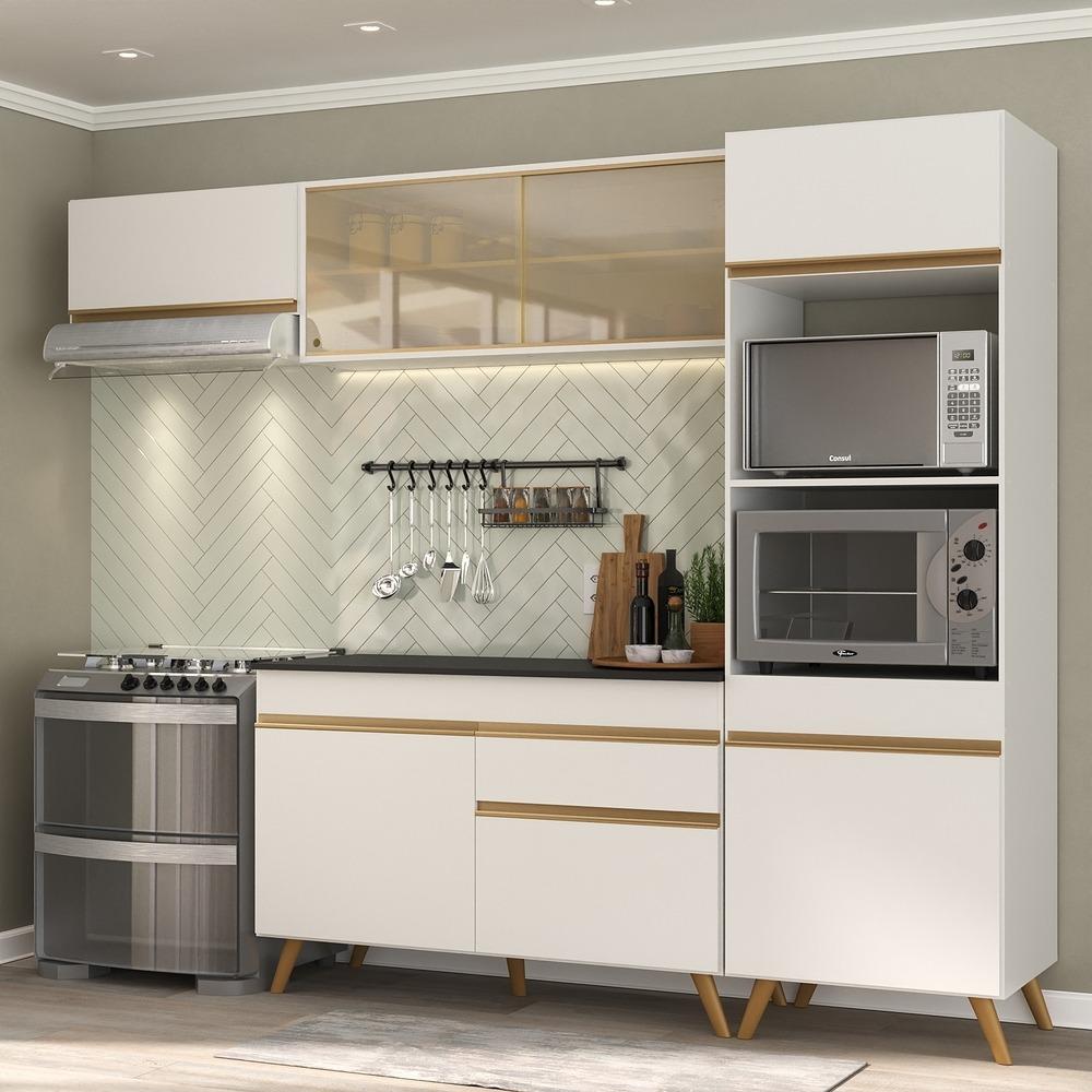 Armário de Cozinha Compacta 252cm Veneza Multimóveis V3691 Branco/Dourado