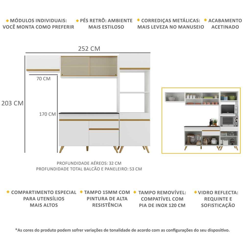 Armário de Cozinha Compacta 252cm Veneza Multimóveis V3691 Branco/Dourado