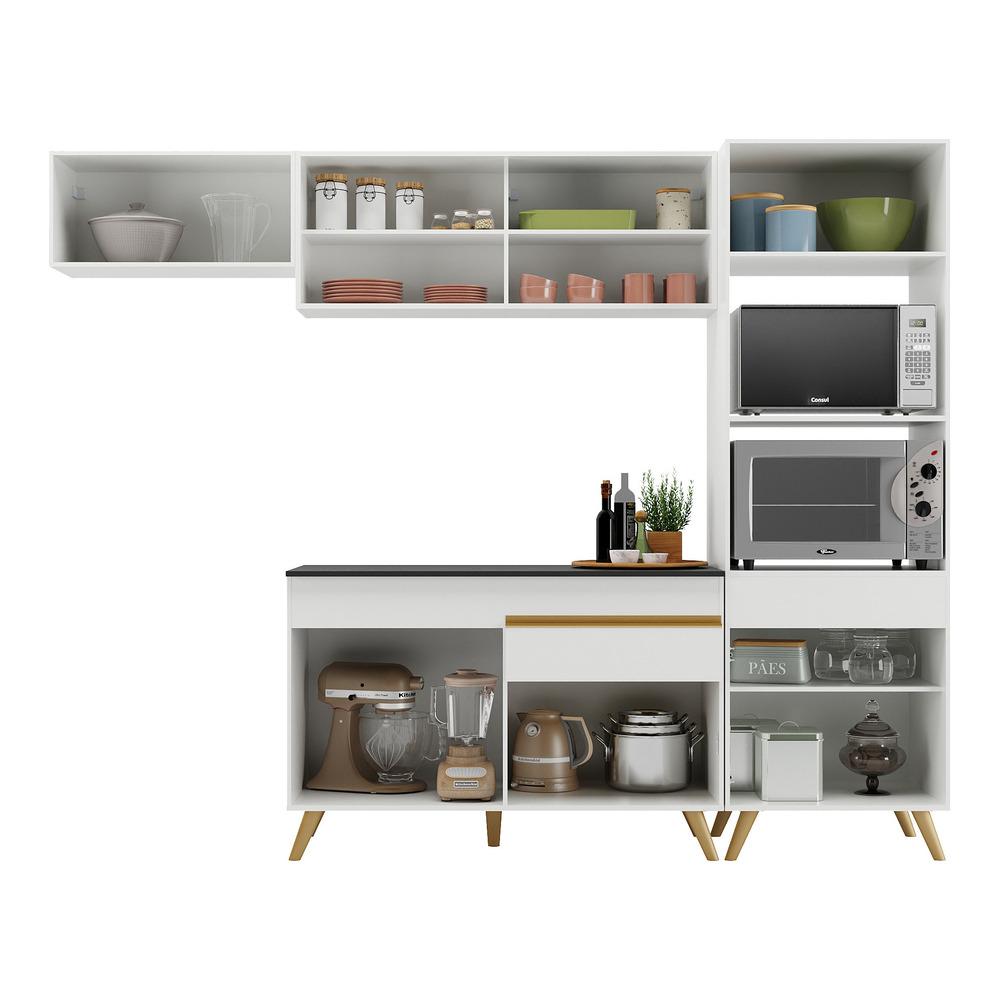 Armário de Cozinha Compacta 252cm Veneza Multimóveis V3691 Branco/Dourado
