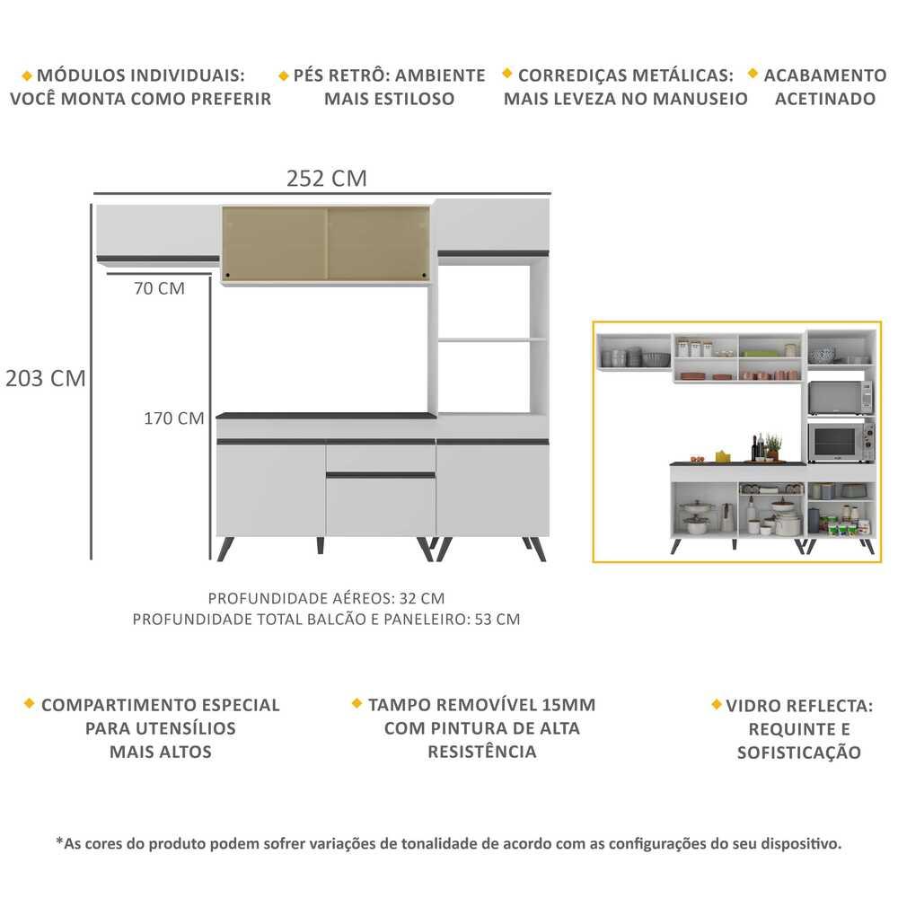 Armário de Cozinha Compacta 252cm Veneza Multimóveis V3691 Branco/Preto