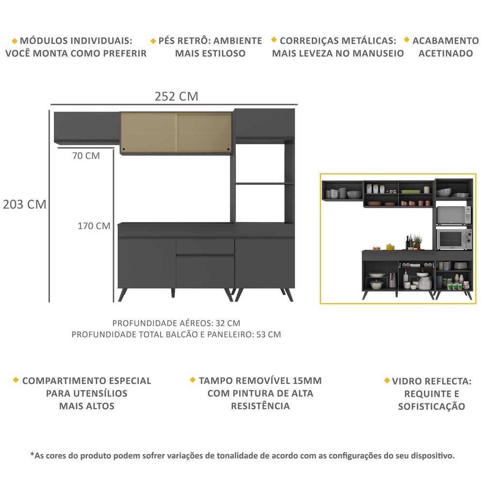 Armário de Cozinha Compacta 252cm Veneza Multimóveis V3691 Preto