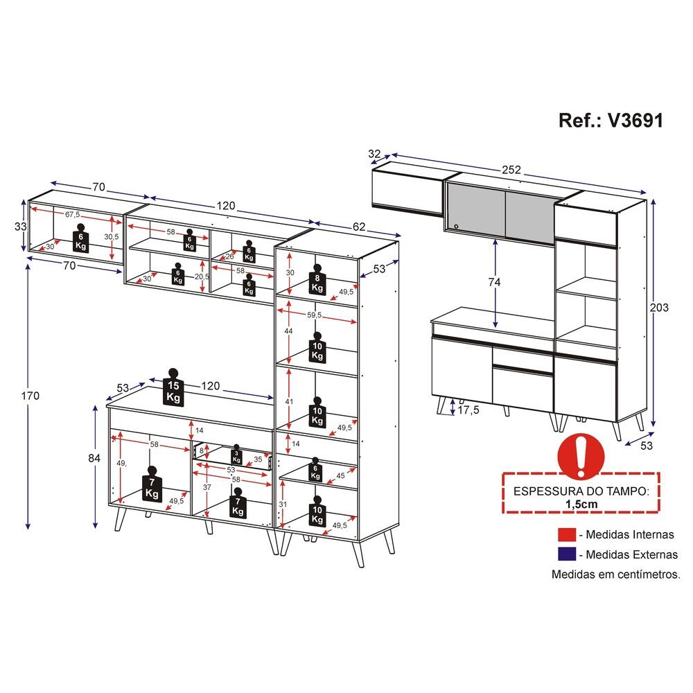 Armário de Cozinha Compacta 252cm Veneza Multimóveis V3691 Preto
