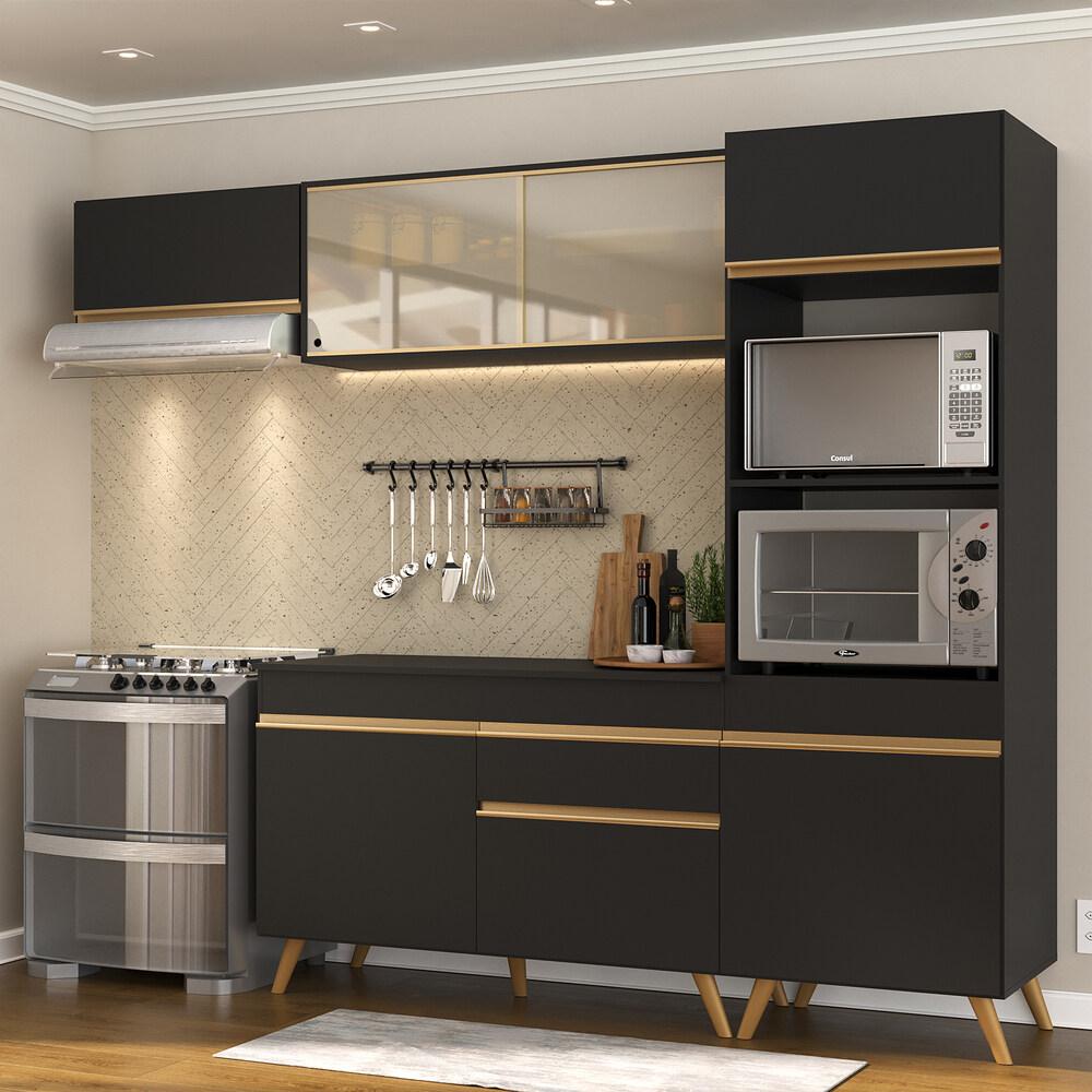 Armário de Cozinha Compacta 252cm Veneza Multimóveis V3691 Preto/Dourado