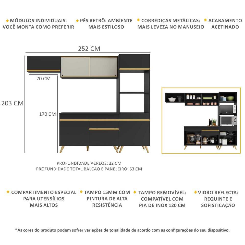 Armário de Cozinha Compacta 252cm Veneza Multimóveis V3691 Preto/Dourado