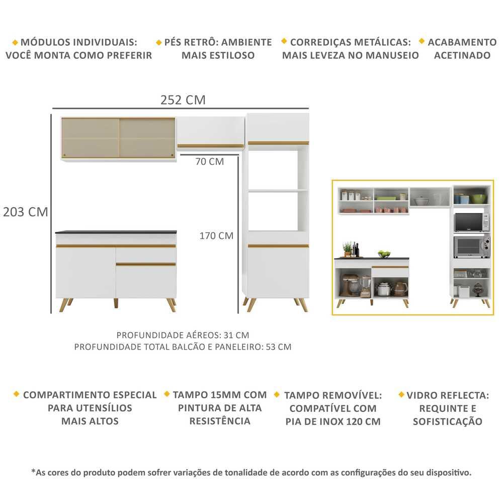 Armário de Cozinha Compacta 252cm Veneza Multimóveis V3692 Branco/Dourado