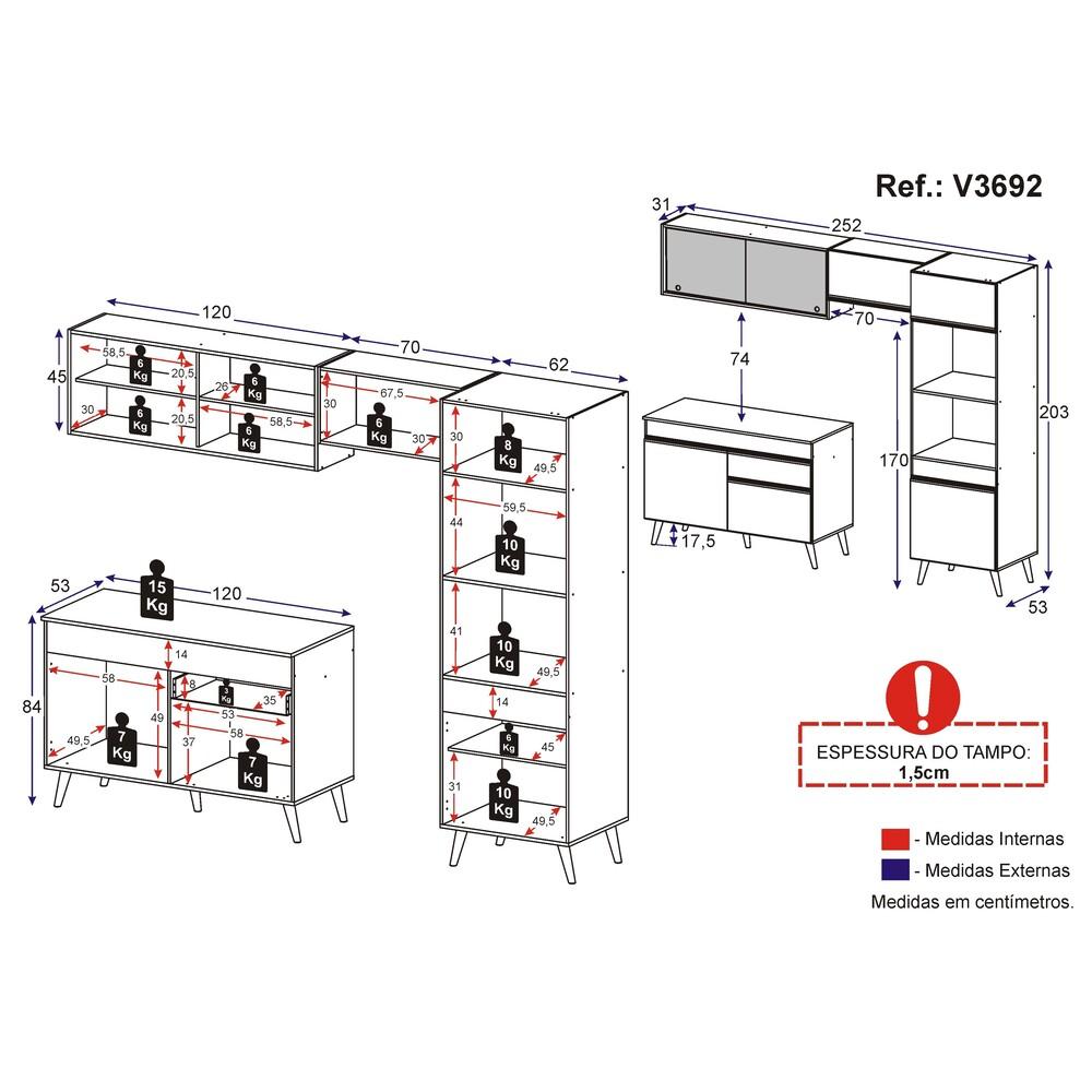 Armário de Cozinha Compacta 252cm Veneza Multimóveis V3692 Preto