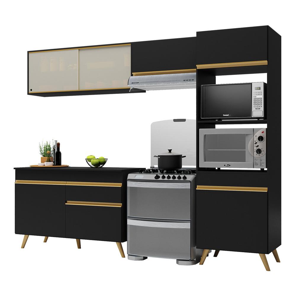 Armário de Cozinha Compacta 252cm Veneza Multimóveis V3692 Preto/Dourado
