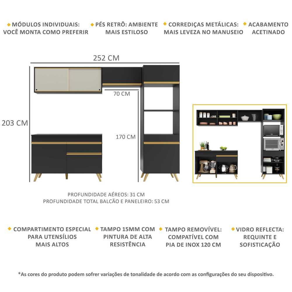 Armário de Cozinha Compacta 252cm Veneza Multimóveis V3692 Preto/Dourado