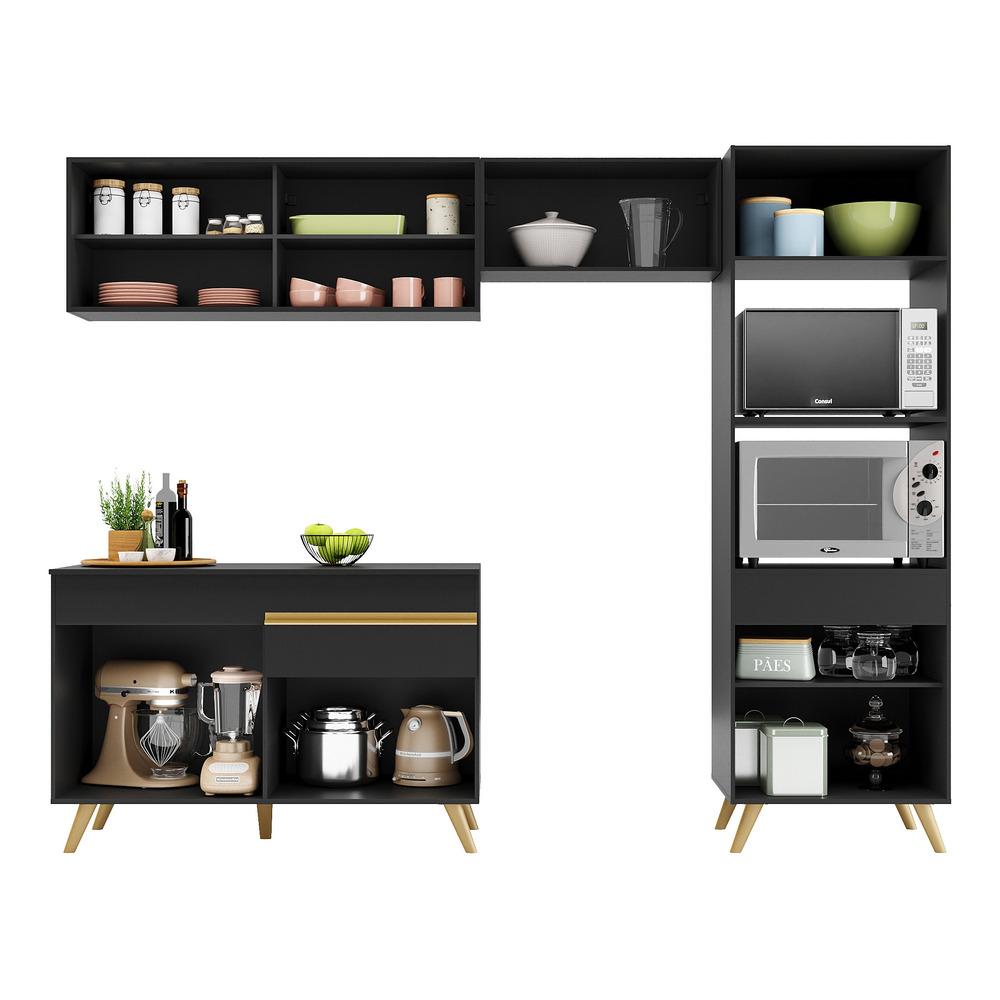 Armário de Cozinha Compacta 252cm Veneza Multimóveis V3692 Preto/Dourado