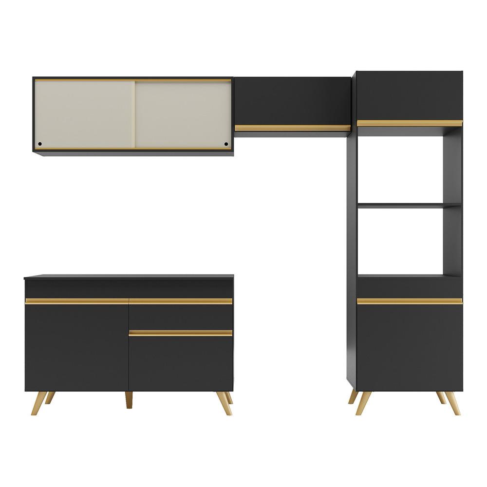 Armário de Cozinha Compacta 252cm Veneza Multimóveis V3692 Preto/Dourado