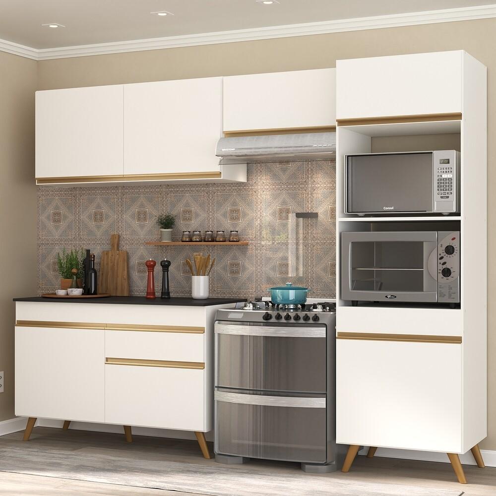 Armário de Cozinha Compacta 252cm Veneza Multimóveis V3693 Branco/Dourado